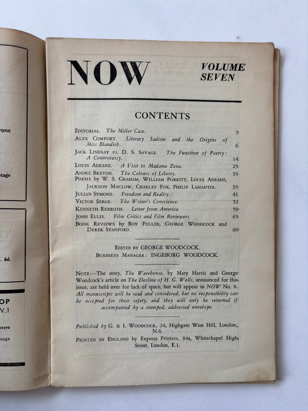 Now #7 / Ed. George Woodcock / Literary Journal / 1945