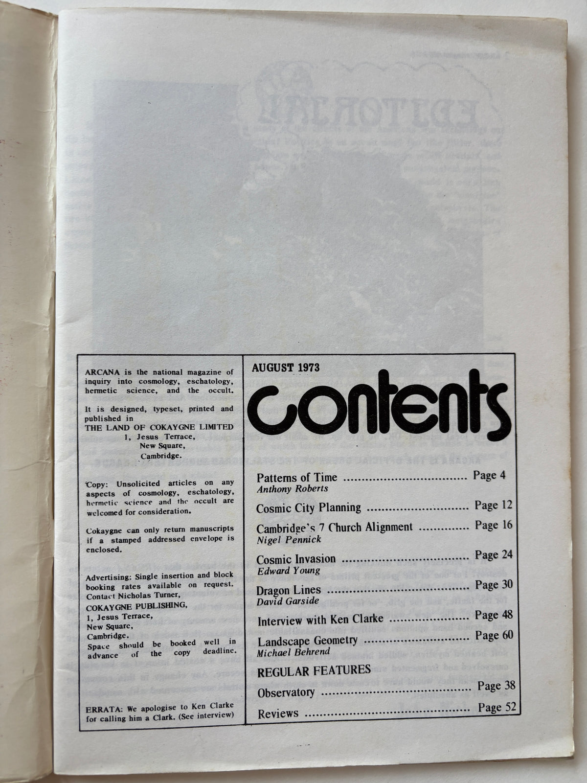 Arcana / Occult Zine / August 1983 / Cokaygne Books