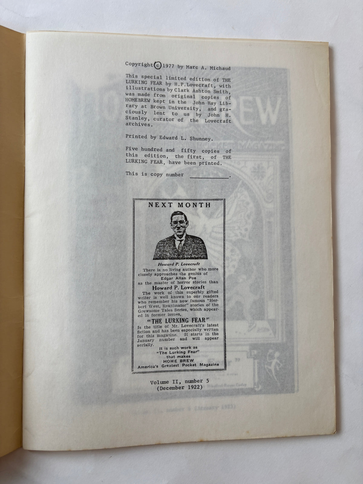 The Lurking Fear / H. P. Lovecraft / Limited Edition 550 / 1977 / Necronomicon Press